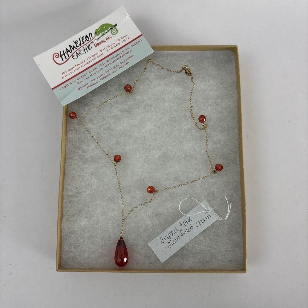 Gold Tone Necklace Teardrop Red Crystal Beads Jewelry READ